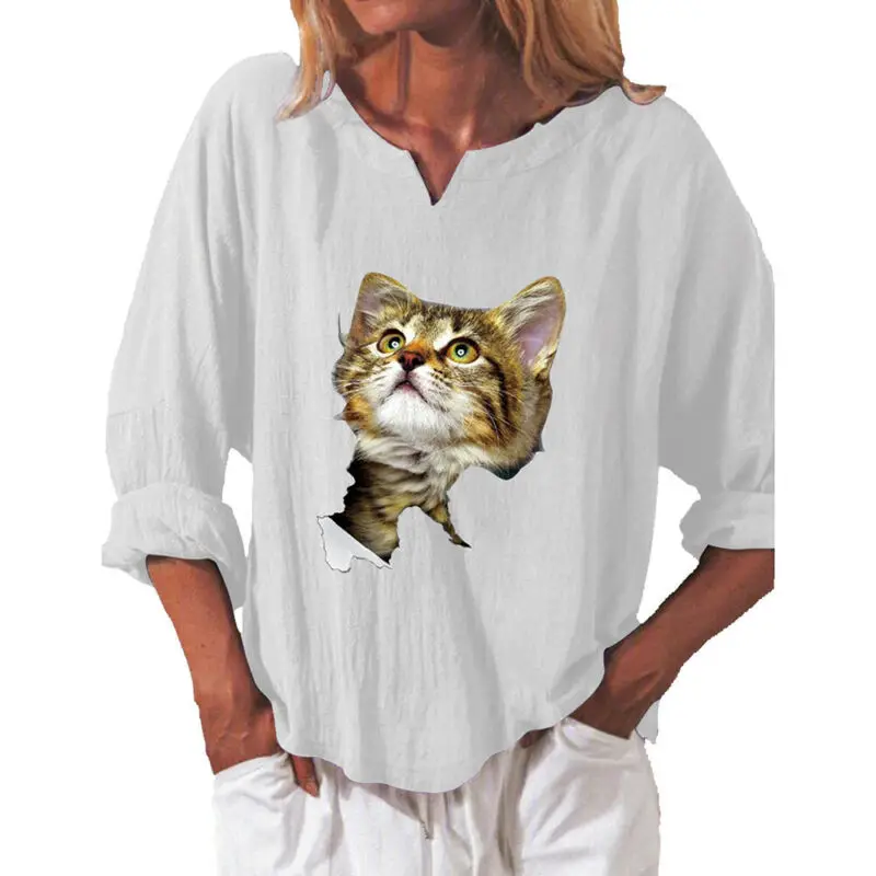 

Womens V-neck Casual Loose Blouse Cat Printed Long Sleeve T-Shirt Tee Shirt Tops