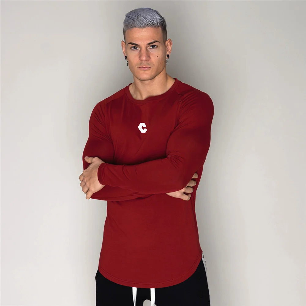 Повседневная хлопковая футболка мужская спортивная для фитнеса с длинным