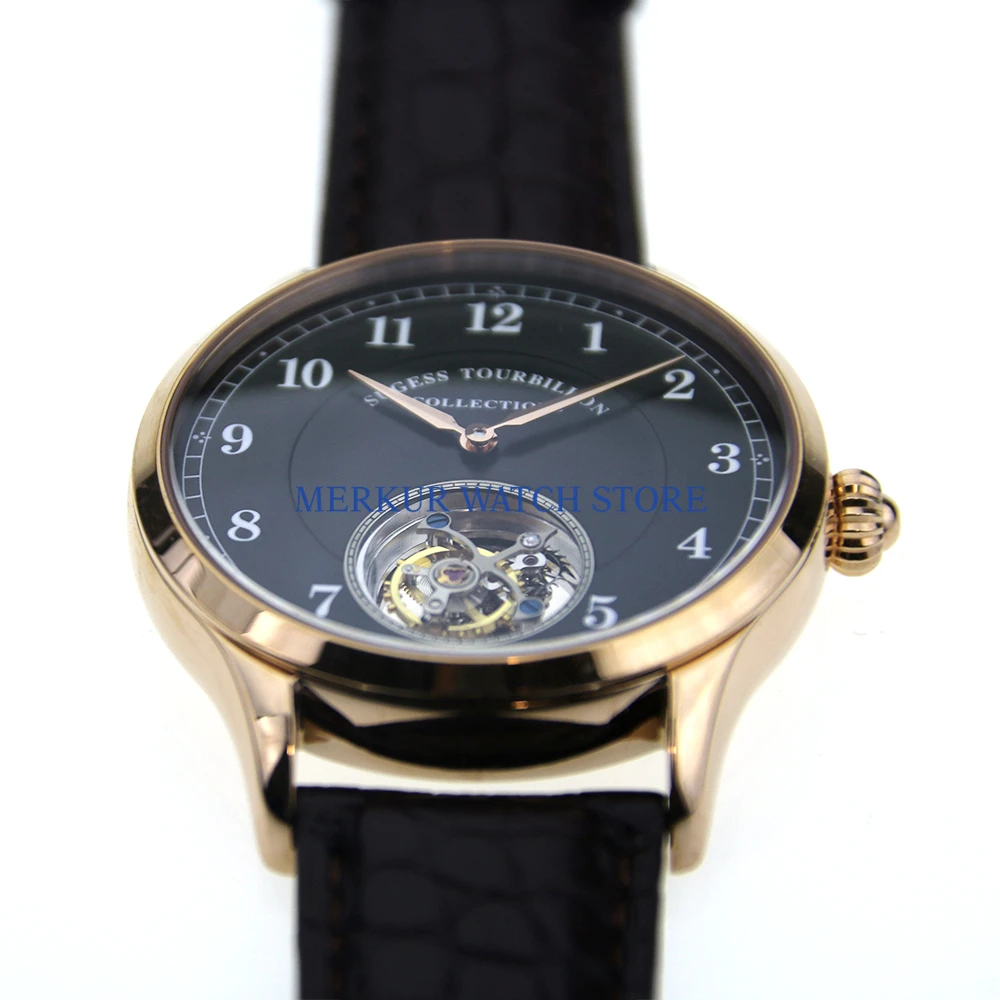 Часы мужские летающие механические с позолоченным черным циферблатом|Мужские