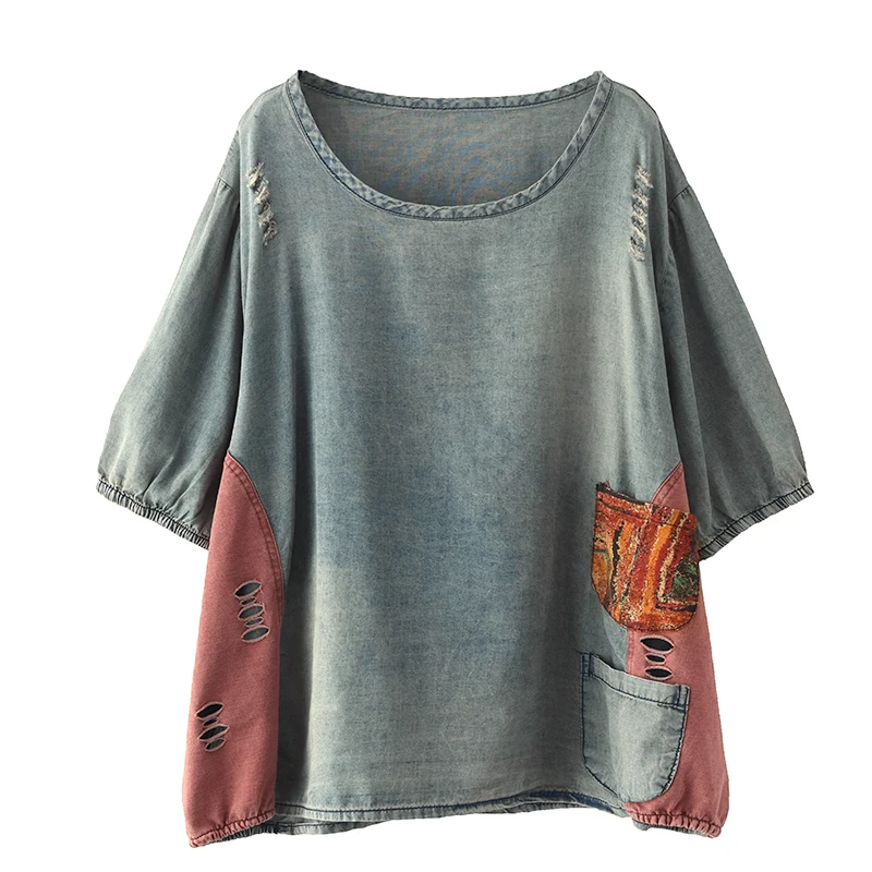 Women T-shirt Summer Loose Casual Denim Tops 2020 New O-Neck Short Sleeve Spliced hole Retro All-match | Женская одежда
