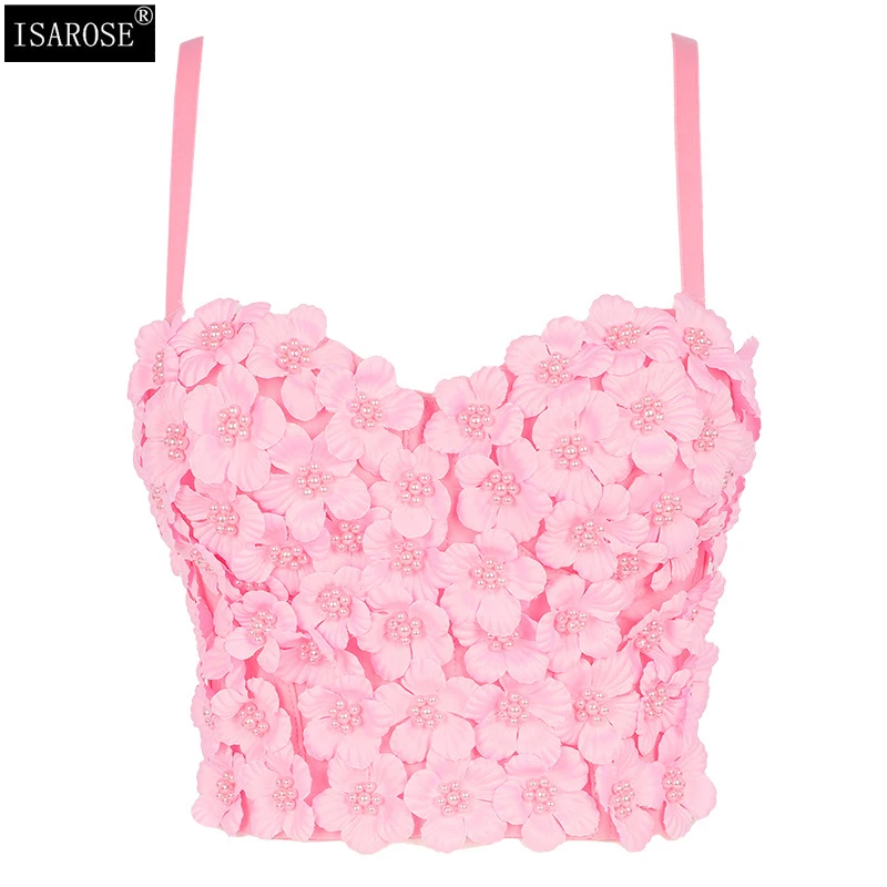 ISAROSE 3D Flower Summer Camisole for Women Detachable Shoulder Straps Sleeveless Party Nightclub Crop Tops Padded Streetwear