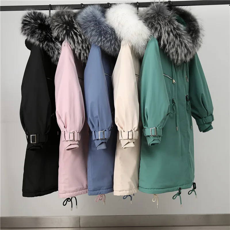 

Fashion Long Lamb Hair Liner Parker Cotton Jacket Coat New Warm Women's Winter Jackets Belt Big Faux Fur Coats Parkas