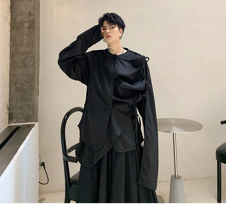 Men Fold Irregular Ribbon Splice Long Sleeve Casual Black Shirt Male Japan Style Streetwear Punk Gothic Shirts Stage Clothing
