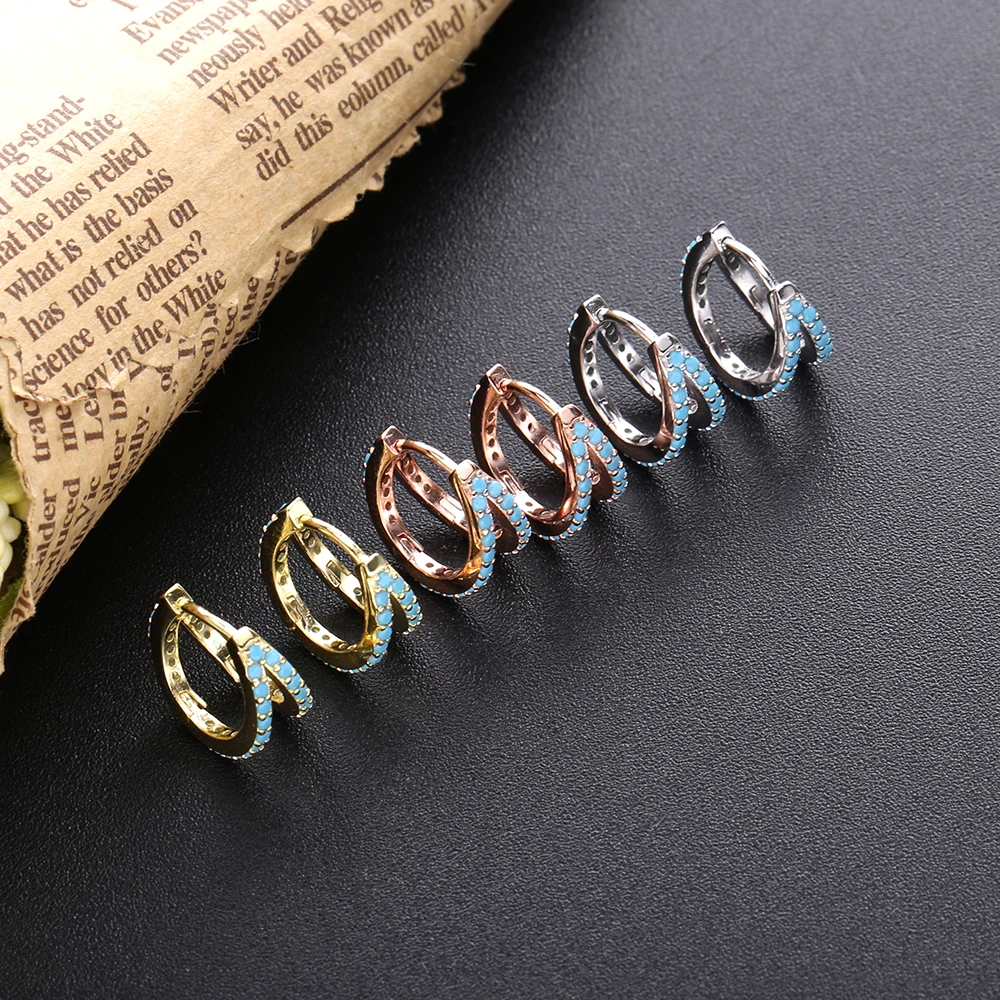 

Slovecabin 925 Sterling Silver Double Huggies Earrings For Women Vintage Silver Turquoise Crystal Hoop Earrings Fine Jewelry