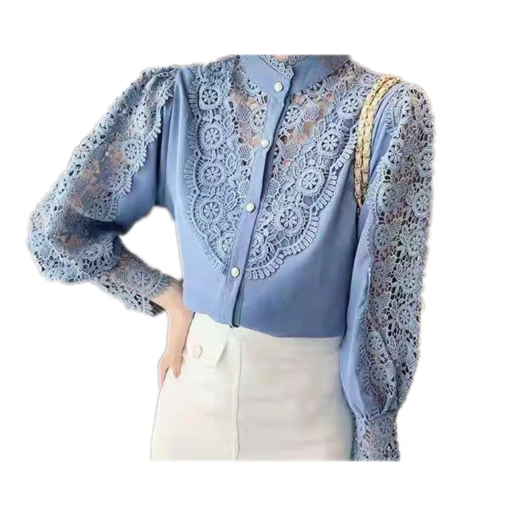 

Chic Pearl Button Shirt Petal Cuff Stand Collar Hollow Flower Lace Patchwork Women's All-Match Top 2021 Spring and Autumn