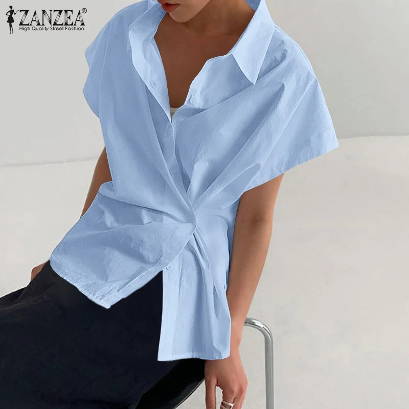 

Fashion Solid Shirt Women Asymmetrical Blouses ZANZEA 2021 Casual Short Sleeve Blusas Female Laple Button Tunic Oversize Chemise