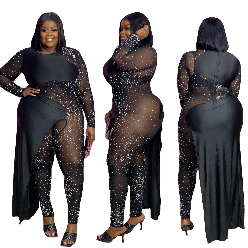 

INS Hottest Women Sexy Mesh Patchwork Jumpsuits Plus Size O-neck Long Sleeve Sparkling Hot Drilling See-through Clubwear Rompers