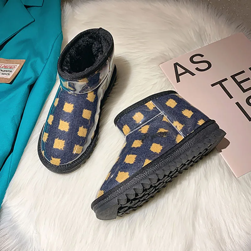 

Ladies Plush Thick-Soled New Korean Snow Boots Females Fashion Lovely Waterproof Shoes Womens Plaid Design Ankle Bread Boots