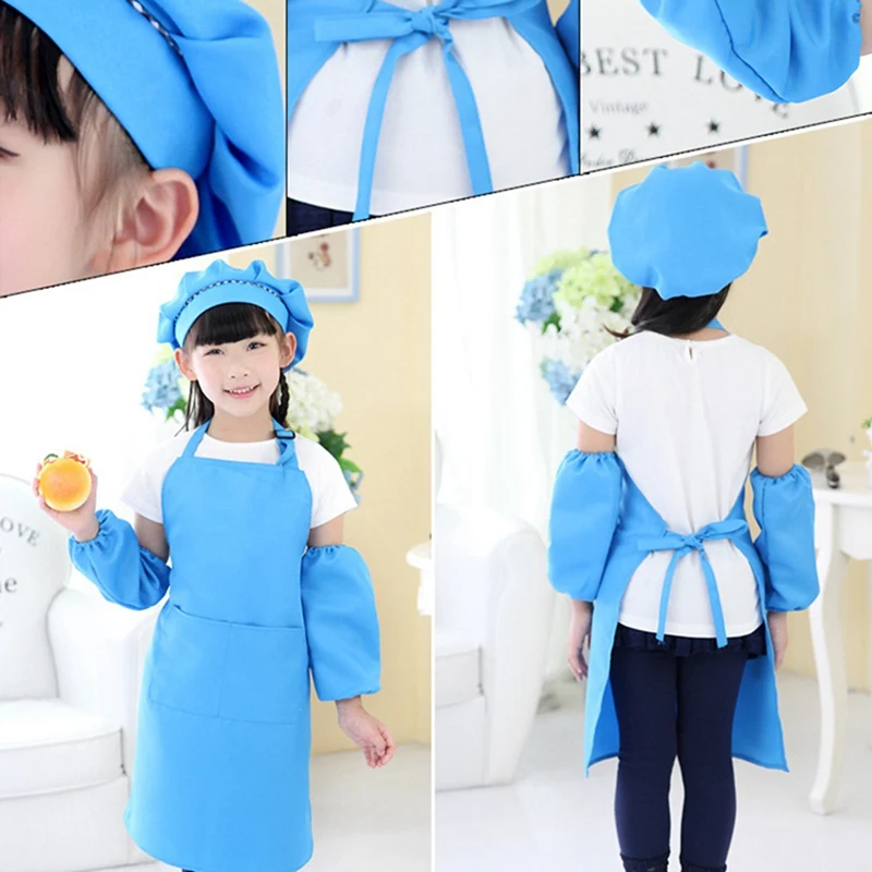 2x Kids Full Apron Bib Set with Pocket and Hat Sleeves Craft Kitchen Chef Cooking Art Children Diy Apparel Blue &amp Red | Дом и сад