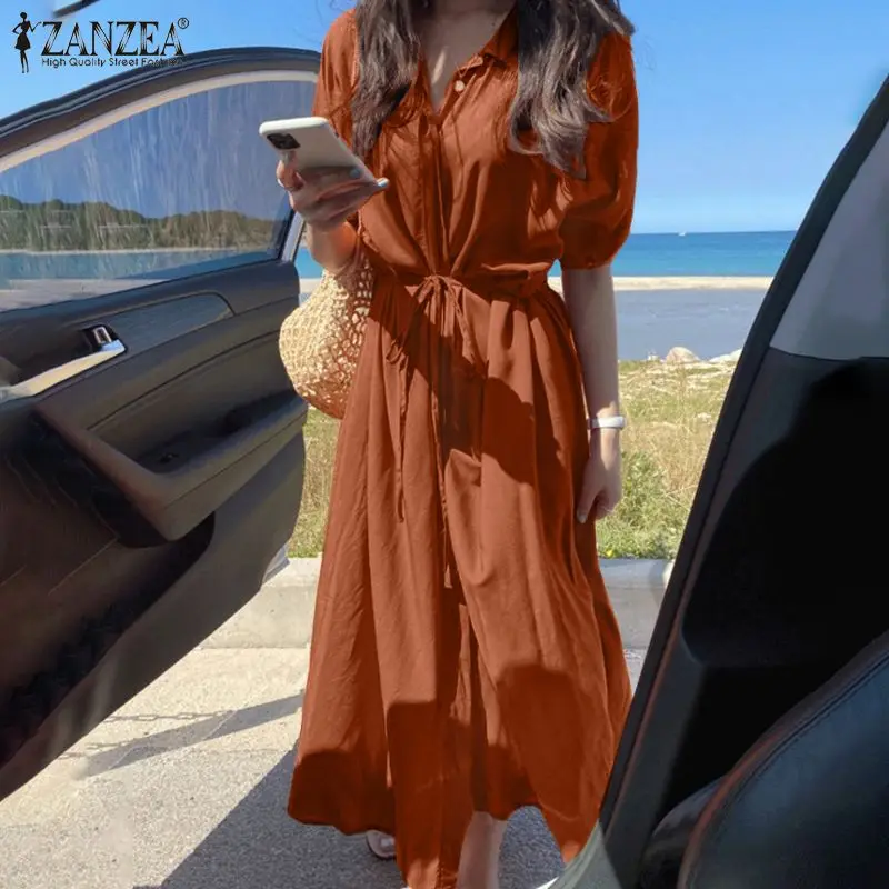 

Женский летний сарафан ZANZEA 2022, модное однотонное платье-рубашка, женские повседневные платья миди с коротким рукавом и отворотом, женское о...