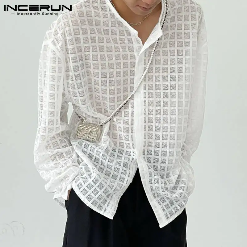 

Men Shirt Plaid Long Sleeve Sexy Mesh See Through Party Thin Men Clothing 2022 Button Streetwear Korean Camisas S-5XL INCERUN