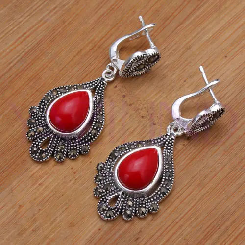 

Luxury real whosale Elegant oval bead coral dangle pierced earrings