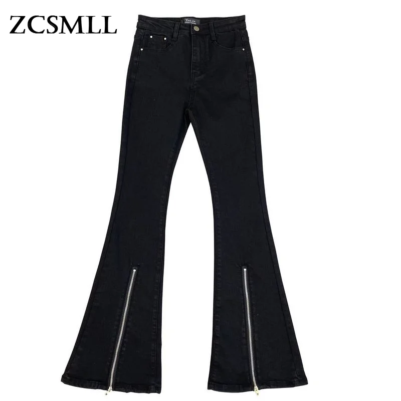 

ZCSMLL 2021 осенние однотонные брюки на молнии с разрезом, чтобы показать тренд, уличная мода, женские черные джинсы с широкими штанинами