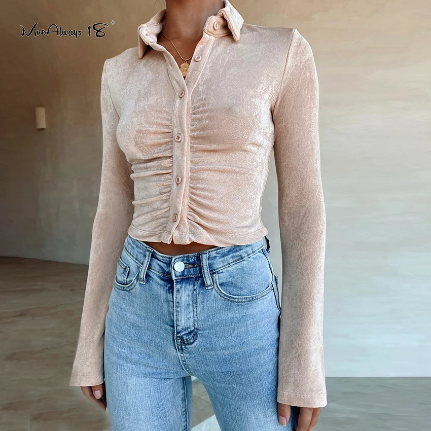 

Mnealways18 бархатные рубашки с расклешенными рукавами, модные женские 2021 хаки облегающие Женские блузки с лацканами и рюшами, однобортные укоро...