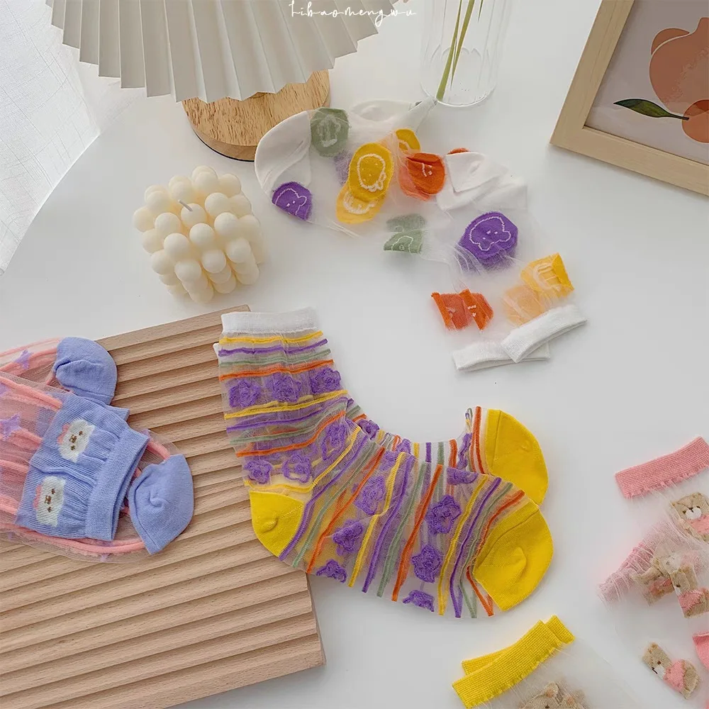 

Woman Summer Korean Japan Style Ultra-thin Crystal Silk Socks Cartoon Cute Animal Bear Transparent Silk Ankle Socks for Women