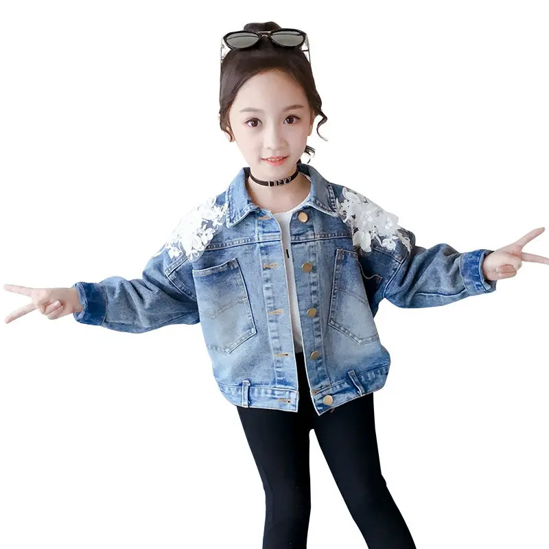 

Осенняя приталенная джинсовая куртка с кружевом сзади для девочек, детская винтажная джинсовая куртка с длинным рукавом и цветочным кружевом, куртка с цветочным принтом для девочек, верхняя одежда, 2023