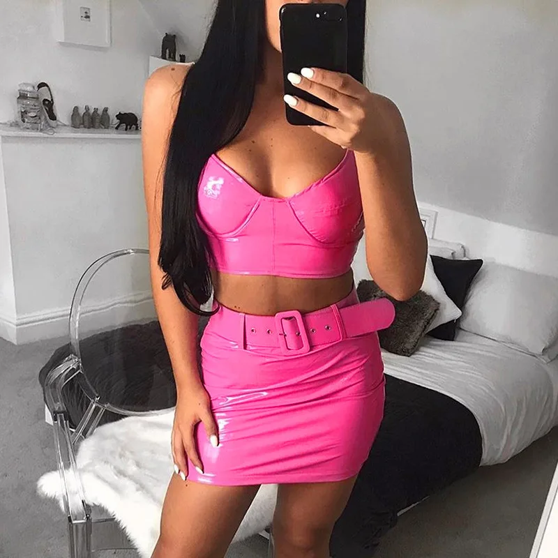NATTEMAID Summer PU Sashes Sexy Two Pieces Set Streetwear Top And Long Pant Women Set Casual Sleeveless 2 Piece Set Women Outfit