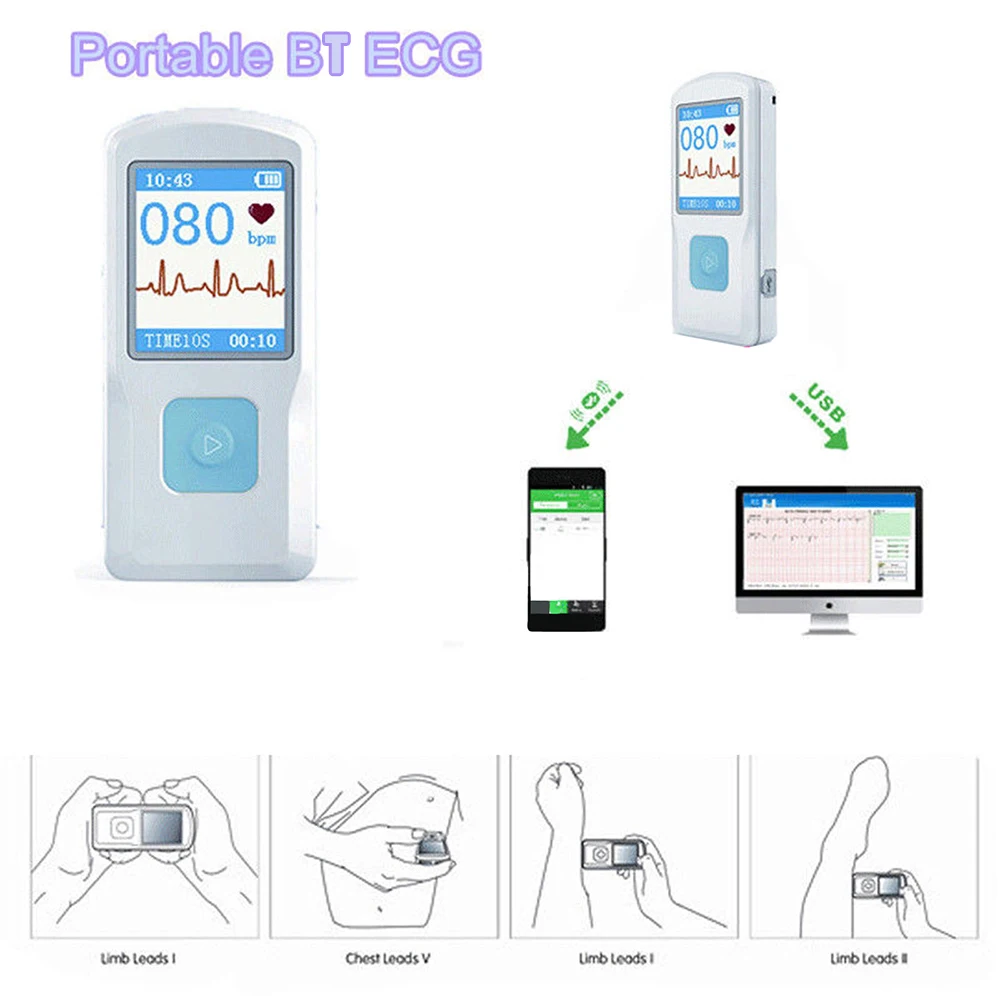 Portable ECG EKG Machine Color Screen Monitor Handheld Heart Rate BT USB PC Software Electrocardiogram | Красота и здоровье