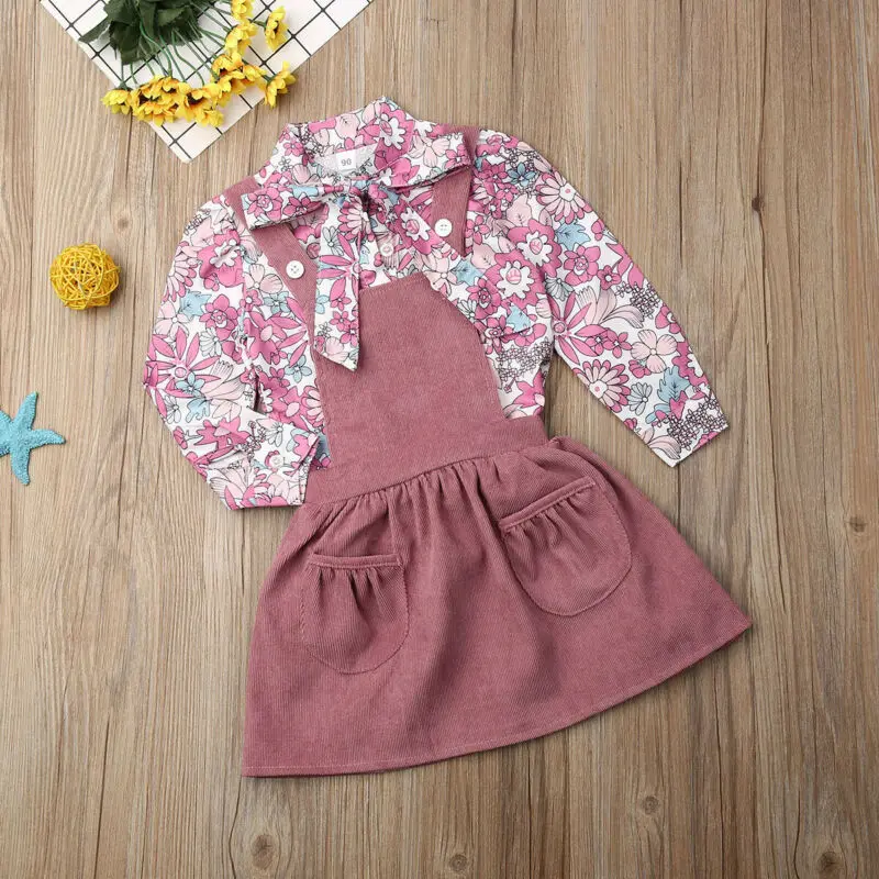 

2PCS New Fashion 1-6 Years Baby Girls Clothes Set Kids Printed Floral Shirt Strap Belt Skirt Autumn Clothes