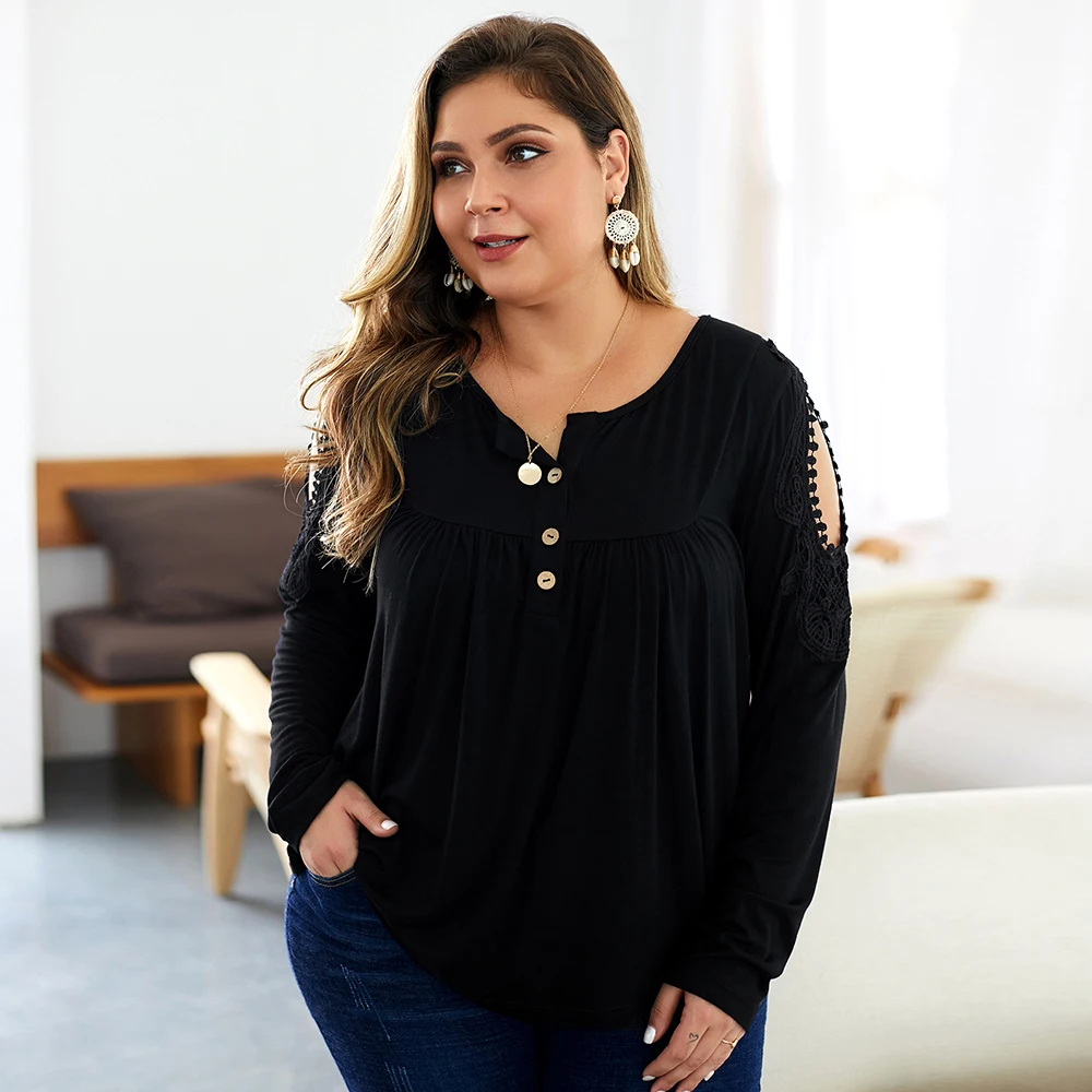 Женская футболка с круглым вырезом кружевная простроченная большого размера