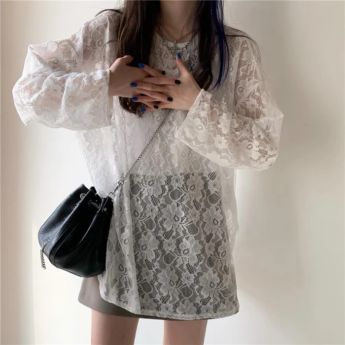 

#4264 Summer Black White Long Lace T Shirt Women Hollow Out Sexy See Through T Shirt Female Long Sleeves Loose Thin Korean Style