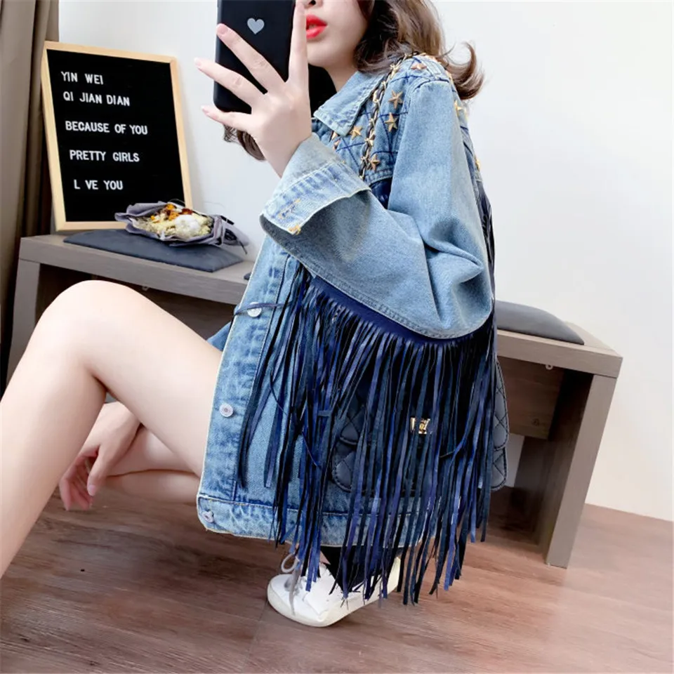 

Tassel Splice Denim Jackets Women Korea Spring Loose Short All-match Denim Coats Feminine Autumn Denim Jackets Jeans Coat Female
