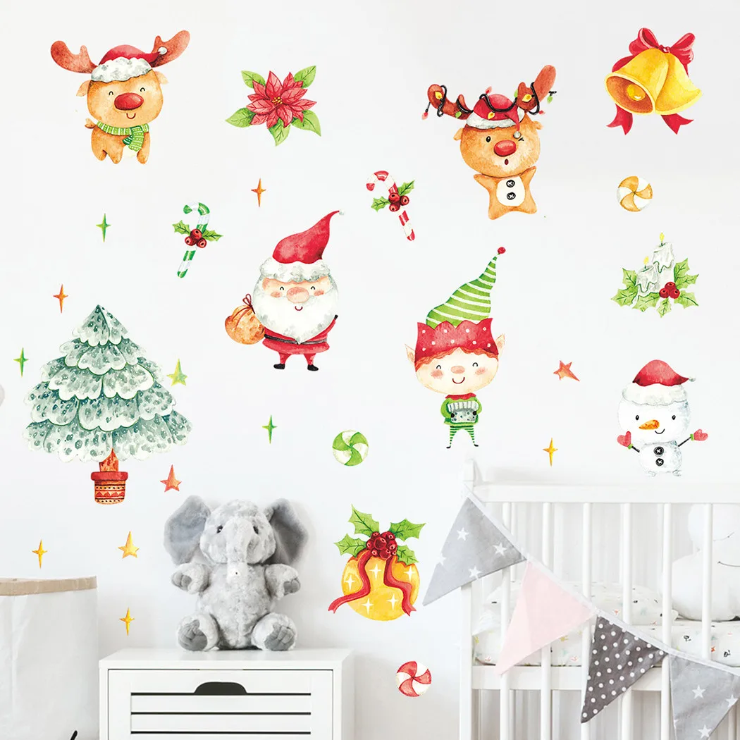 

Christmas Wall Stickers Removable Cartoon Painted Santa Claus Christmas Tree Kid Window Glass Door Decoration Wall Sticker