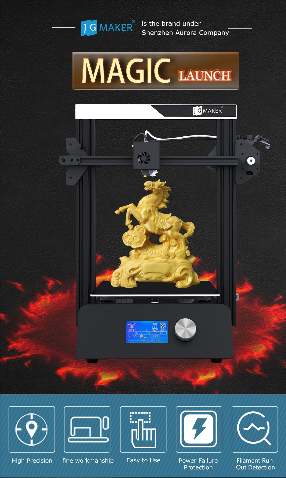 JGAURORA, 3d принтер, JGMaker, волшебная алюминиевая рама, Набор для творчества, большой размер печати, 220x220x250 мм, повторное отключение питания, печать 3D Drucker