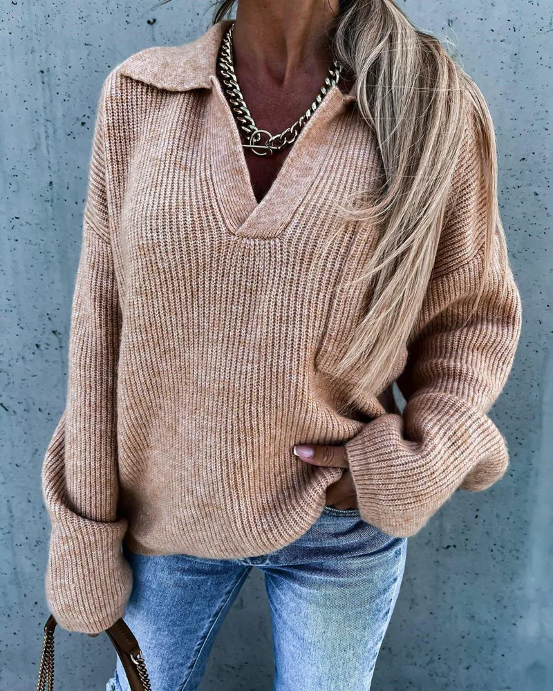 

Vintage Solid Knitted Pullover Tops Women Winter Warm Casual Long Sleeve Sweater Elegant Femme Loose Turn-Down Collar Jumper