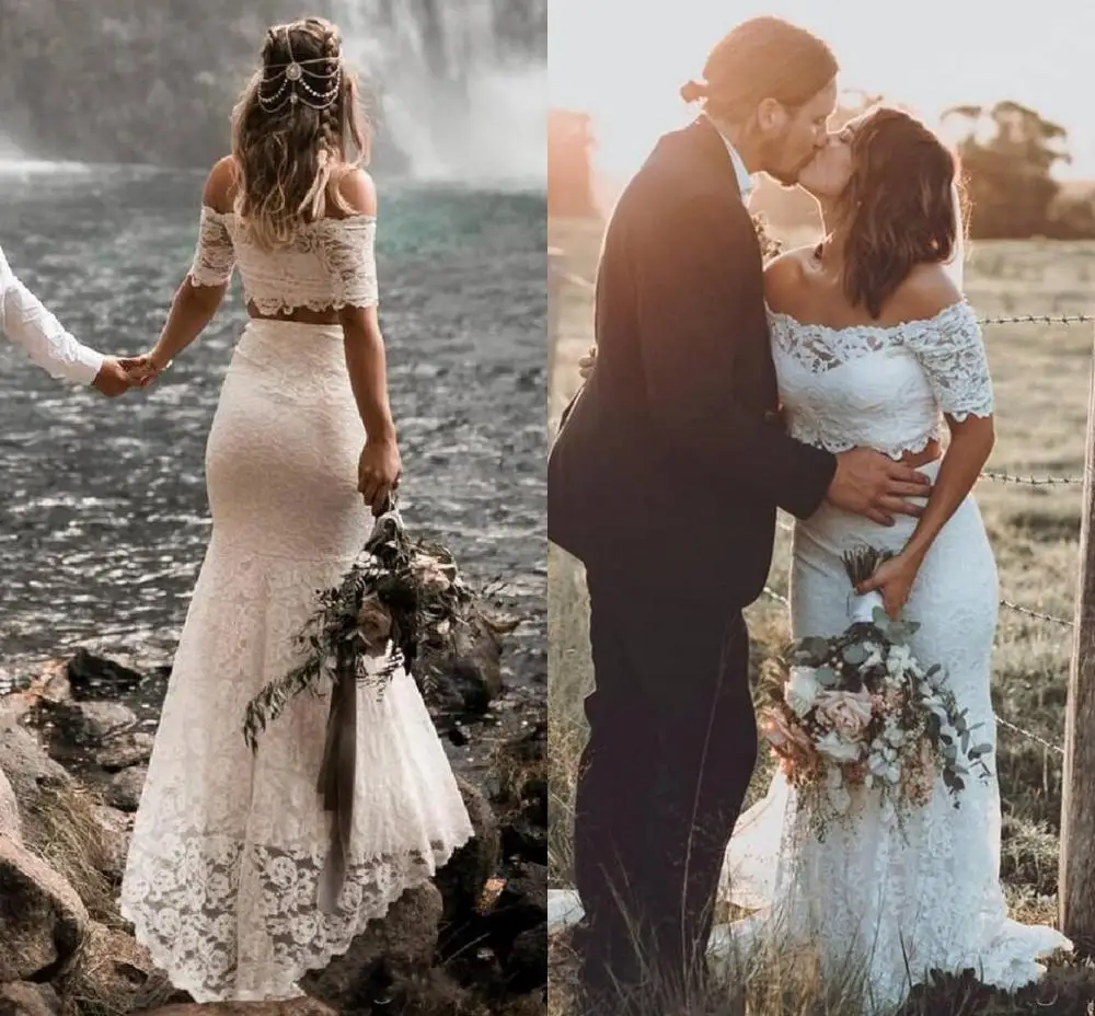 

New Lace Two Piece Beach Wedding Dresses Gorgeous Off The Shoulder Garden Boho Bridal Gowns Vestidos De Novia Country