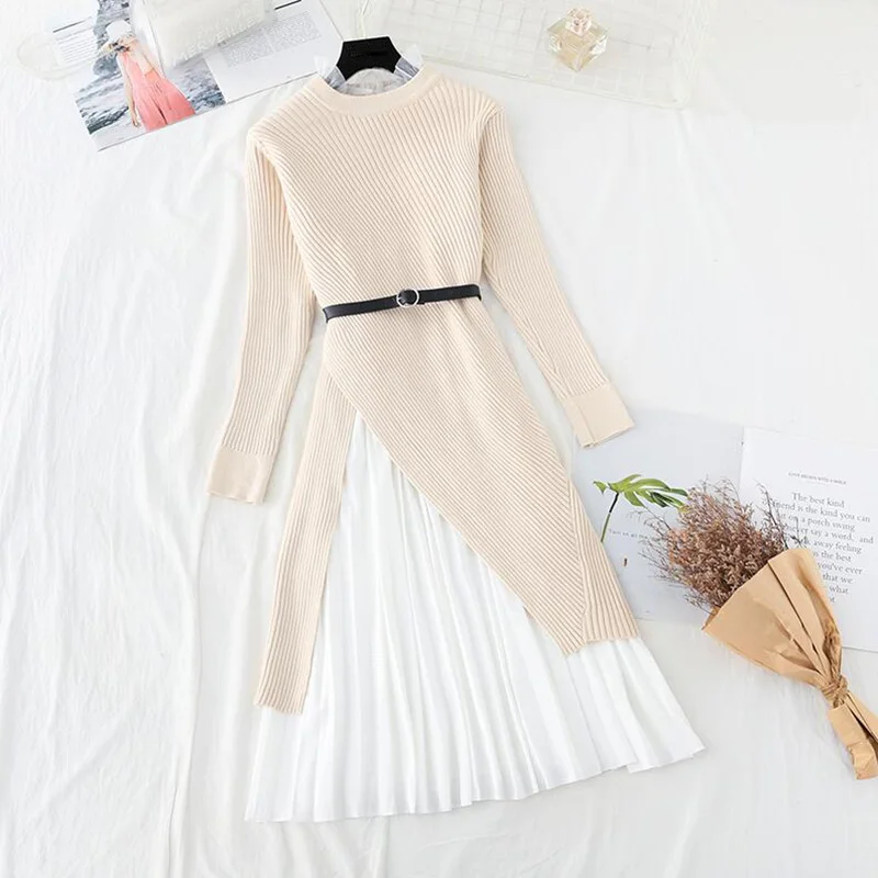 

Autumn Winter two Piece Set Knitted Dress Women 2021 Vintage Long sleeve Sweater pullover and Sweet Tank Pleated Midi Dresses