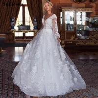 smileven luxurious lace wedding dresses puffy sleeve tulle princess bride dresses vestido de noiva train country wedding gowns