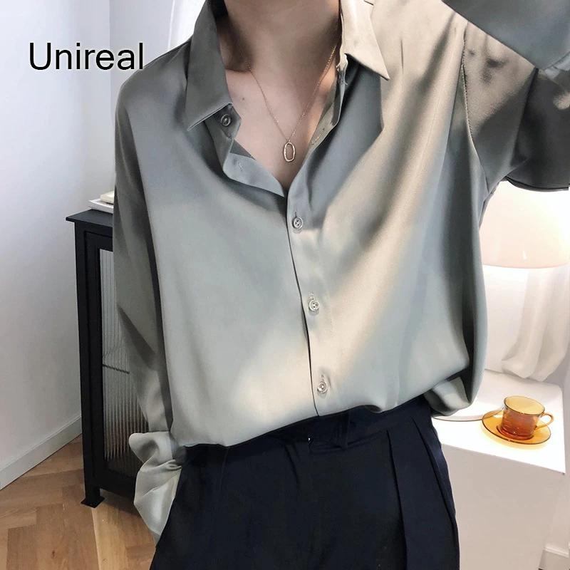 

Unireal 2021 новая весенняя Женская атласная рубашка Топы уличной моды случайные свободные шелковая блузка с длинным рукавом