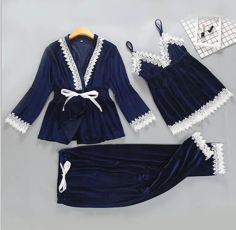 navy blue Осенне-зимний теплый пижамный комплект из 3 предметов, женские сексуальные пижамы, ночная сорочка на бретельках без рукавов, длинные штаны, Халат - Цвет: navy blue