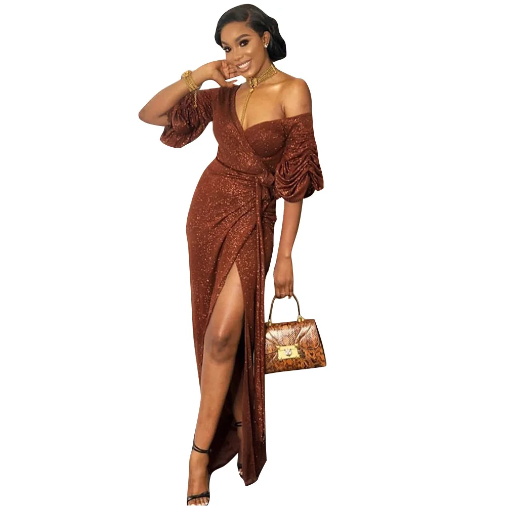 

2021 Fashion Popular Online Red Women's Lace-up Split V-neck Off-Shoulder Wrap-around Dress Dinner Dress