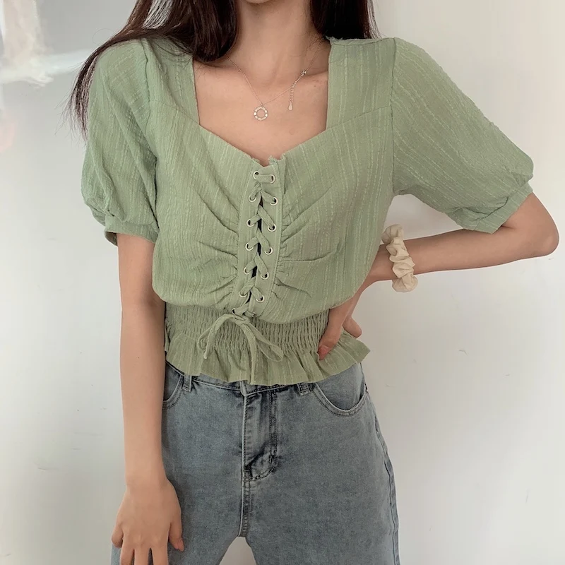 

Summer New Square Collar Short Sleeve T Shirt for Women Clothing Korean Sweet Style Solid Tees Slim Bandage Ladies Tops Ruffles