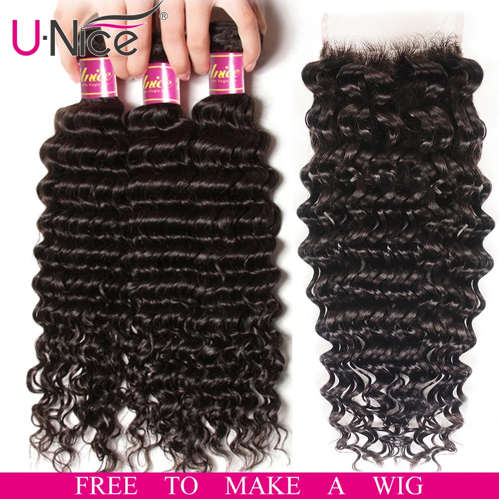 Волосы UNICE Бразильские глубокие волнистые пучки с закрытием 4*4 Кружева