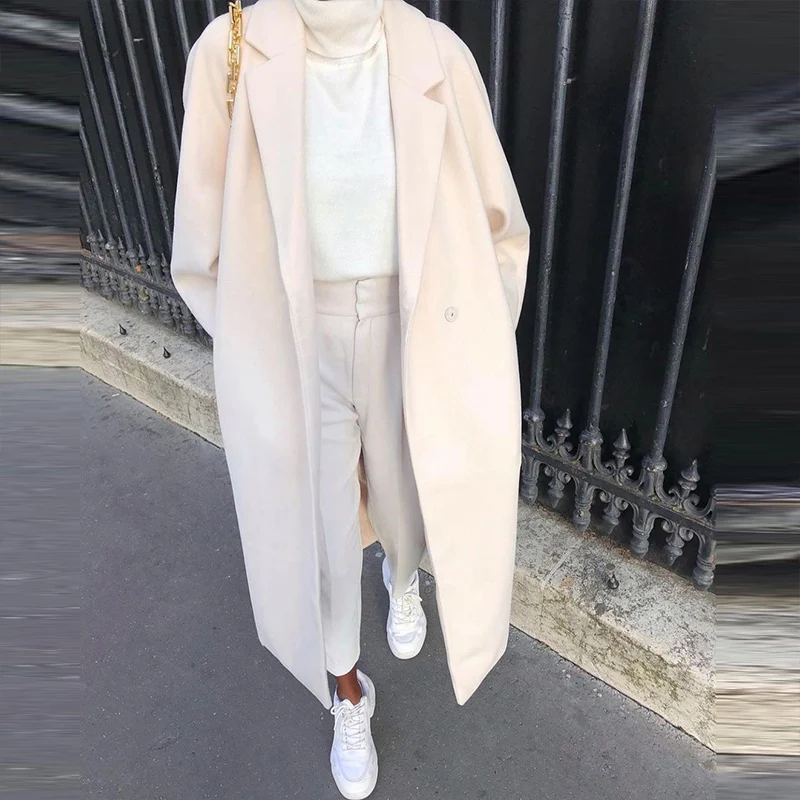 

Elegant Double Breasted Straight Outerwear Fashion Lapel Solid New Long Sleeve Coats Casual Autumn Women Commuter Pocket Jacket