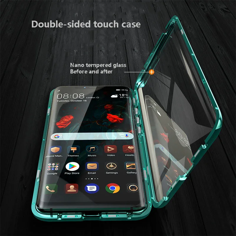 Переднее и заднее закаленное стекло металлический магнитный чехол для huawei mate 20Pro P 30Pro изогнутое стекло 360 ° защитный чехол