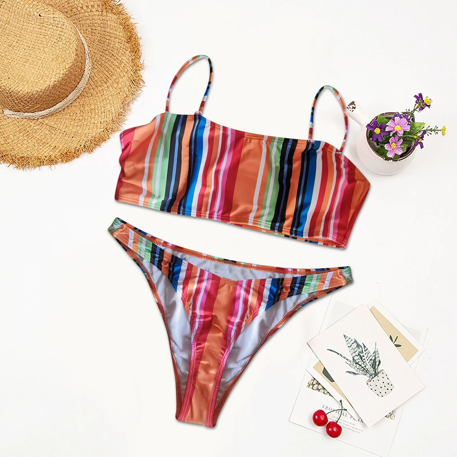 

Women's Fashion Sexy Stripe Print High Waist Split Swimsuit Bikini Ribbed Bather Bathing Suit Swim Bikini 2021 Women Swimwear