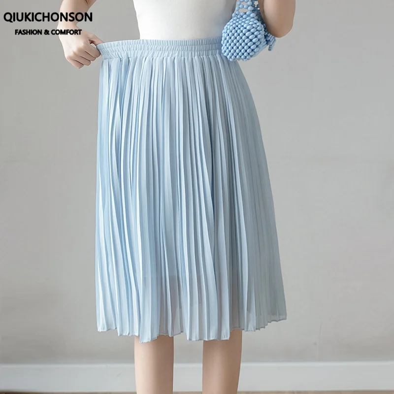 

White Black Pleated Skirt Women Summer Korean Fashion Solid Color High Waisted Medium Long Chiffon Skirts Ladies