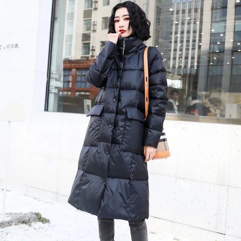 Down Jacket Female2021 New Double-Sided Wear Long Over-The-Knee Korean casual Stand-Up Collar Plaid White Duck Down Female F88