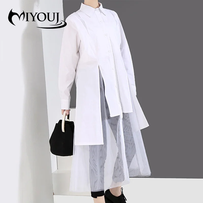 

Miyouj 2020 Autumn Turn-Down Collar Tops White Color Clothing Long Sleeve Hem Mesh Split Joint Loose Long Shirt Women Blouse