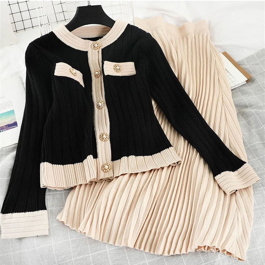 

Korean Fashion Chic Knitted 2 Piece Set Women Black Cardigan Tops + Long Pleated Skirts Women Autumn Winter Two Piece Sets Suits