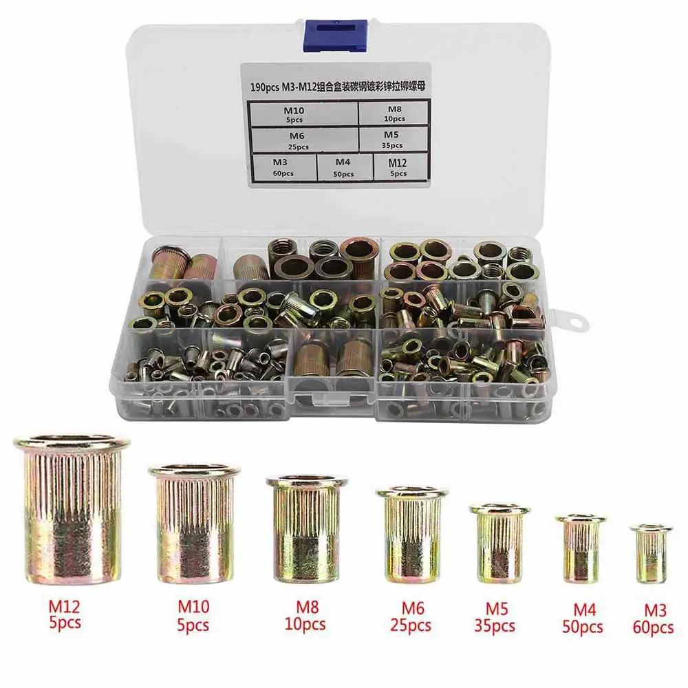 

190 PCS Flat Head Rivet Nut Flat Head Zinc Plated Carbon Steel Threaded Rivet Nuts Assortment Kit M3 M4 M5 M6 M8 M10 M12