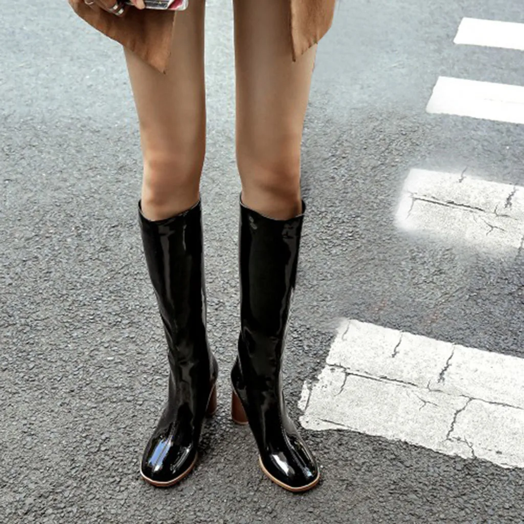 Сапоги из лакированной кожи на высоком каблуке Женские выше колена Классические