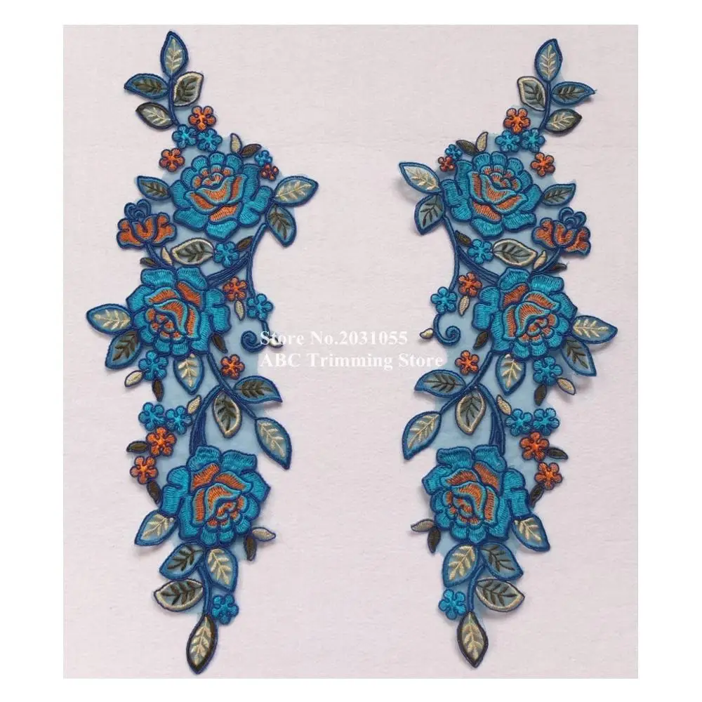 1 пара = 2 шт. x синий/оранжевый органза Цветочная вышивка Кружевная аппликация