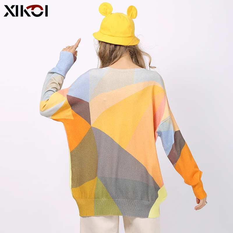 Женский вязаный свитер с принтом XIKOI теплый пуловер оверсайз круглым вырезом и