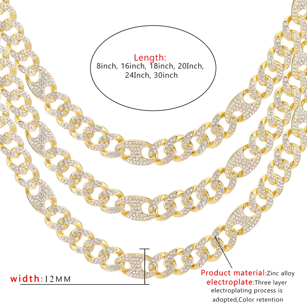 

12mm Link Figaro Chain Pig Nose Miami Curb Cuban Men's Hip Hop Necklace Iced Out Bling Gold Silver Color USA Rock Rap Jewelry