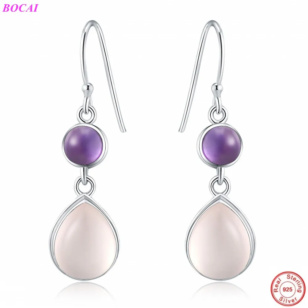 BOCAI S925sterling серебряные серьги капли натуральный кристалл аметиста Женская мода